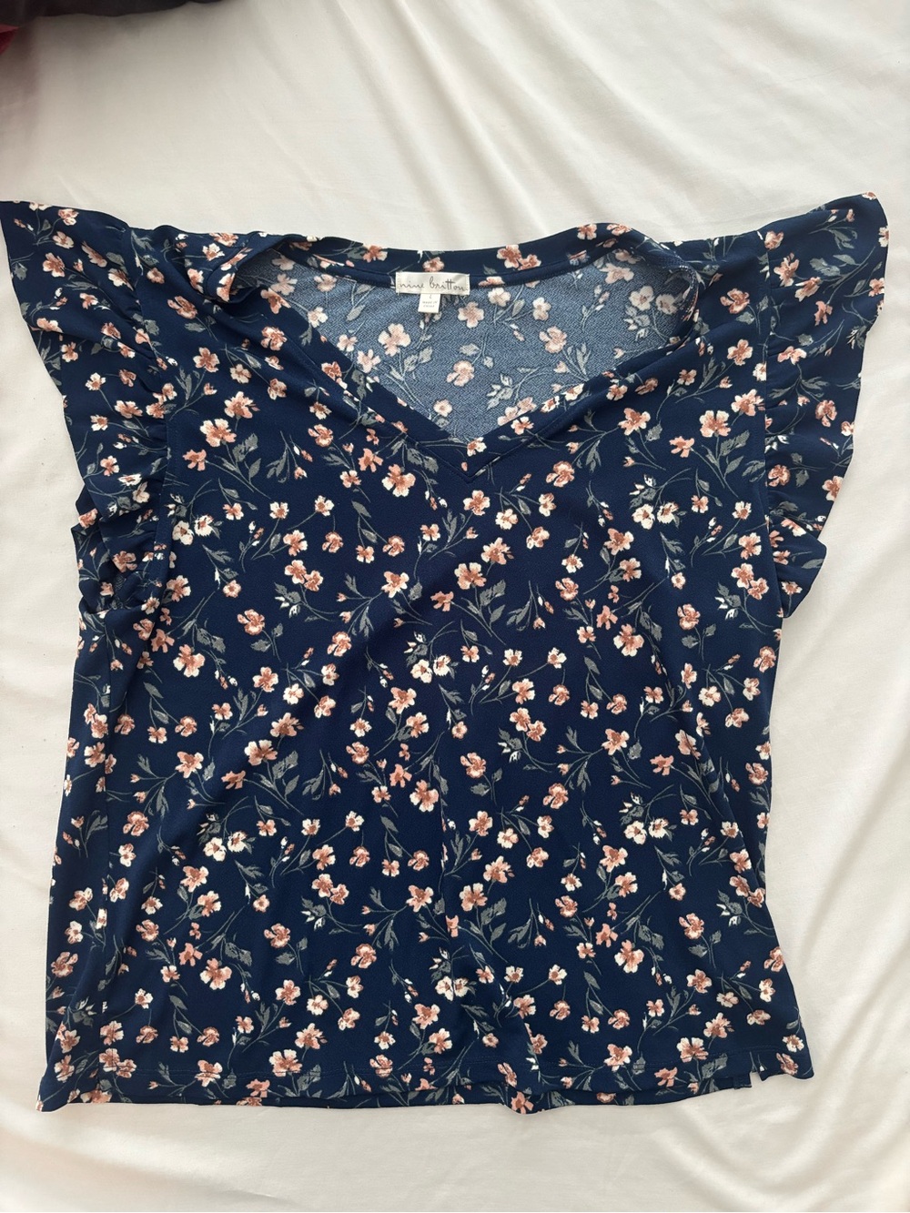 nine britton Navy Floral V-Neck Flutter Sleeve Top
